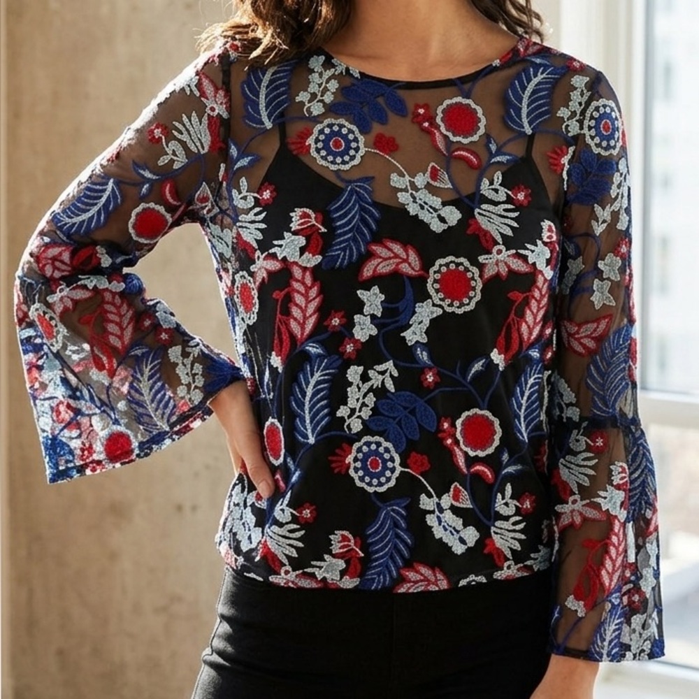 AQUA Navy Sheer Floral Embroidered Blouse - Red & Light Blue Accents. Size 35